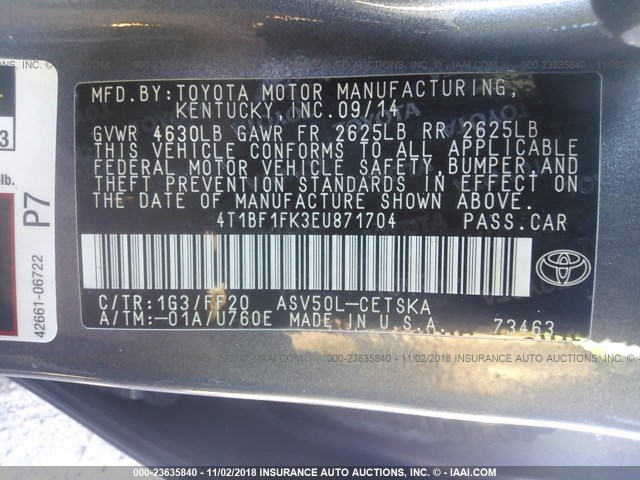 4T1BF1FK3EU871704 - 2014 TOYOTA CAMRY L/SE/LE/XLE ნაცრისფერი ფოტო 9