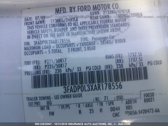 3FADP0L3XAR178556 - 2010 FORD FUSION HYBRID WHITE photo 9