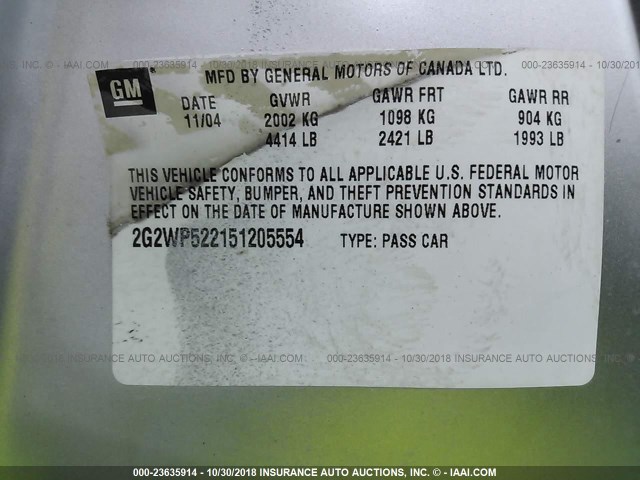 2G2WP522151205554 - 2005 PONTIAC GRAND PRIX SILVER photo 9