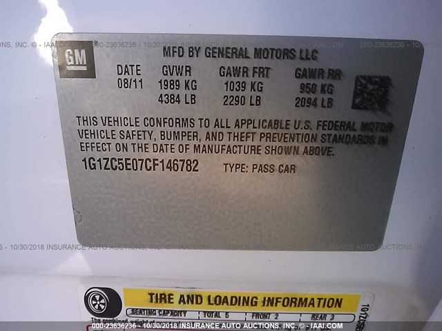 1G1ZC5E07CF146782 - 2012 CHEVROLET MALIBU 1LT WHITE photo 9