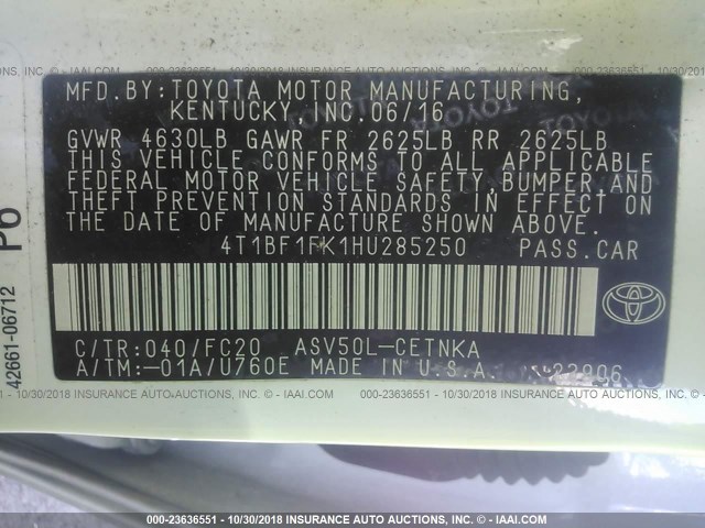 4T1BF1FK1HU285250 - 2017 TOYOTA CAMRY LE/XLE/SE/XSE WHITE photo 9