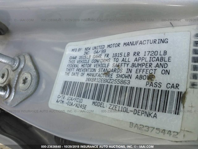 1NXBR12E8XZ255863 - 1999 TOYOTA COROLLA VE/CE/LE SILVER photo 9