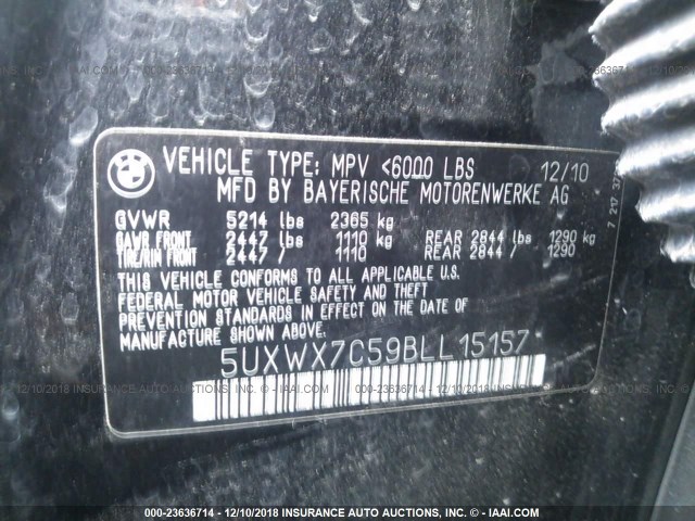 5UXWX7C59BLL15157 - 2011 BMW X3 XDRIVE35I Siyah fotoğraf 9