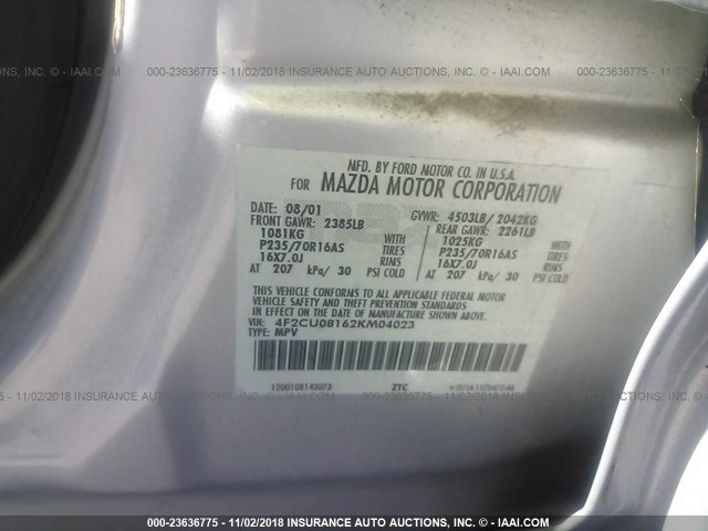 4F2CU08162KM04023 - 2002 MAZDA TRIBUTE LX/ES SILVER photo 9