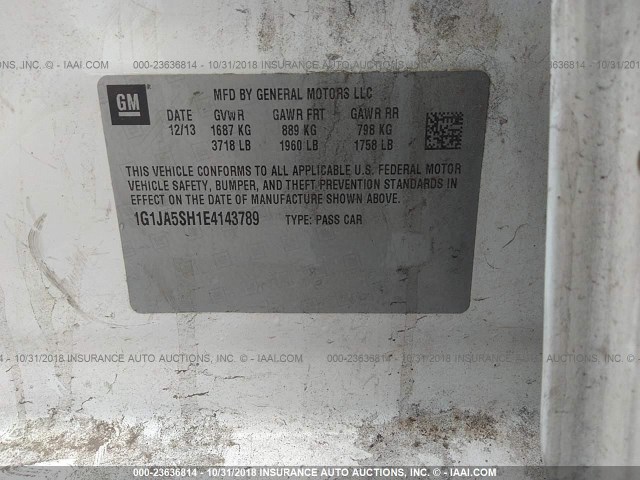 1G1JA5SH1E4143789 - 2014 CHEVROLET SONIC LS 白色 照片 9