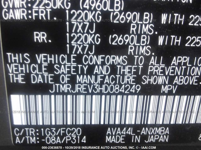 JTMRJREV3HD084249 - 2017 TOYOTA RAV4 HV LE/XLE GRAY photo 9