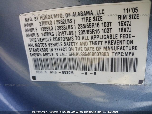 5FNRL38646B037863 - 2006 HONDA ODYSSEY EXL BLUE photo 9