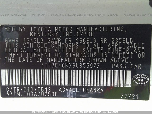 4T1BE46KX9U855977 - 2009 TOYOTA CAMRY SE/LE/XLE WHITE photo 9