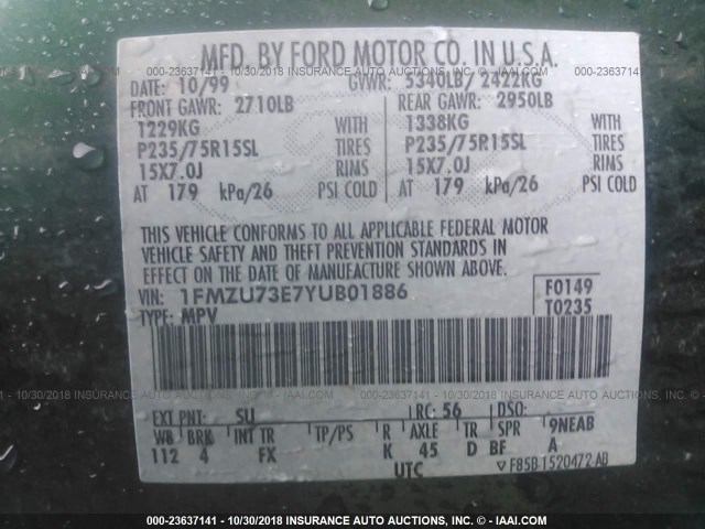 1FMZU73E7YUB01886 - 2000 FORD EXPLORER XLT GREEN photo 9