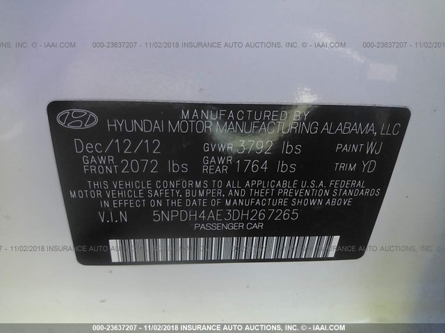 5NPDH4AE3DH267265 - 2013 HYUNDAI ELANTRA GLS/LIMITED WHITE photo 9