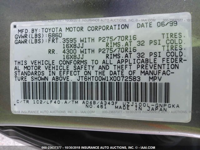 JT6HT00W1X0072583 - 1999 LEXUS LX 470 GRAY photo 9