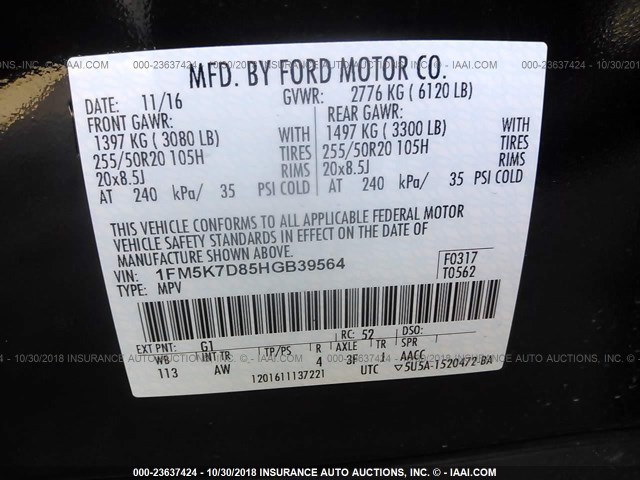 1FM5K7D85HGB39564 - 2017 FORD EXPLORER XLT BLACK photo 9