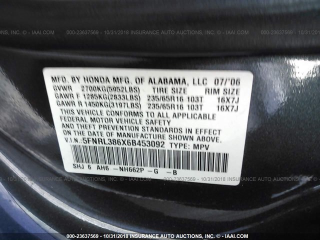 5FNRL386X6B453092 - 2006 HONDA ODYSSEY EXL GRAY photo 9