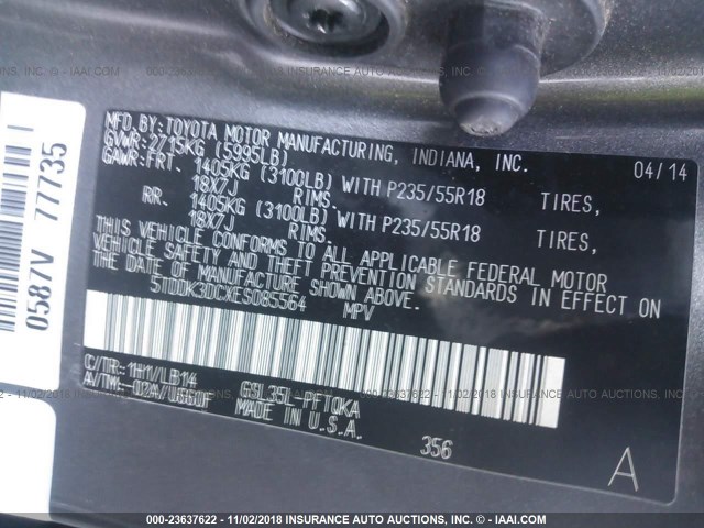 5TDDK3DCXES085564 - 2014 TOYOTA SIENNA XLE/LIMITED GRAY photo 9