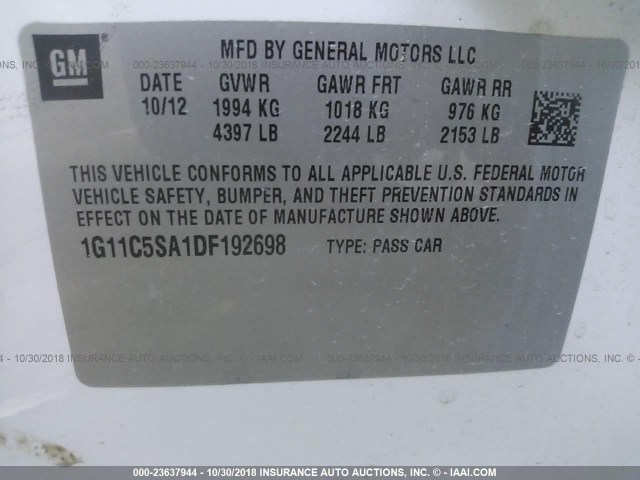 1G11C5SA1DF192698 - 2013 CHEVROLET MALIBU 1LT WHITE photo 9