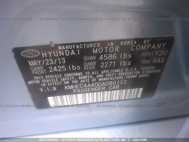 KMHEC4A40DA080112 - 2013 HYUNDAI SONATA HYBRID BLUE photo 9