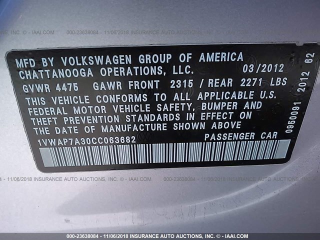 1VWAP7A30CC063682 - 2012 VOLKSWAGEN PASSAT S SILVER photo 9