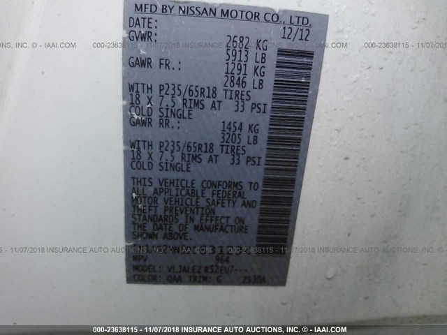 5N1AR2MN6DC631234 - 2013 NISSAN PATHFINDER S/SV/SL/PLATINUM WHITE photo 9