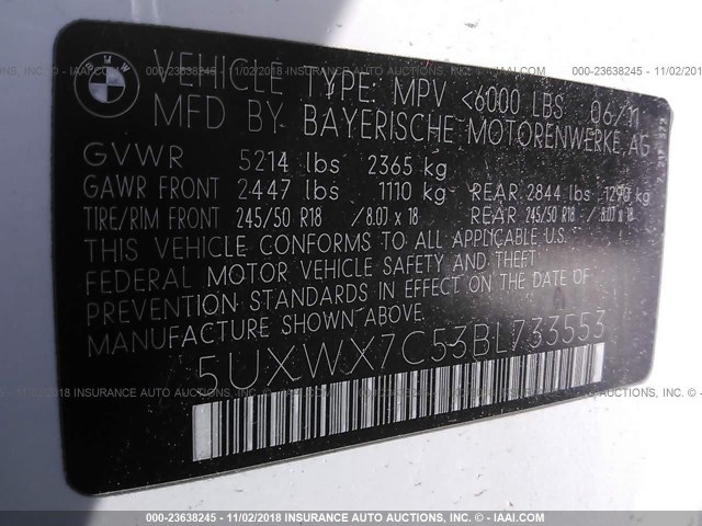 5UXWX7C53BL733553 - 2011 BMW X3 XDRIVE35I WHITE photo 9