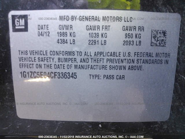 1G1ZC5E04CF336345 - 2012 CHEVROLET MALIBU 1LT BLACK photo 9