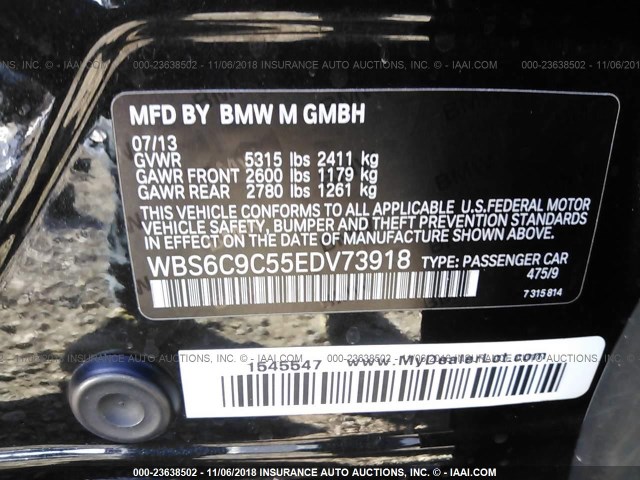 WBS6C9C55EDV73918 - 2014 BMW M6 GRAN COUPE BLACK photo 9