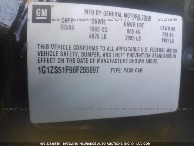 1G1ZS51F96F255097 - 2006 CHEVROLET MALIBU LS 黑色 照片 9