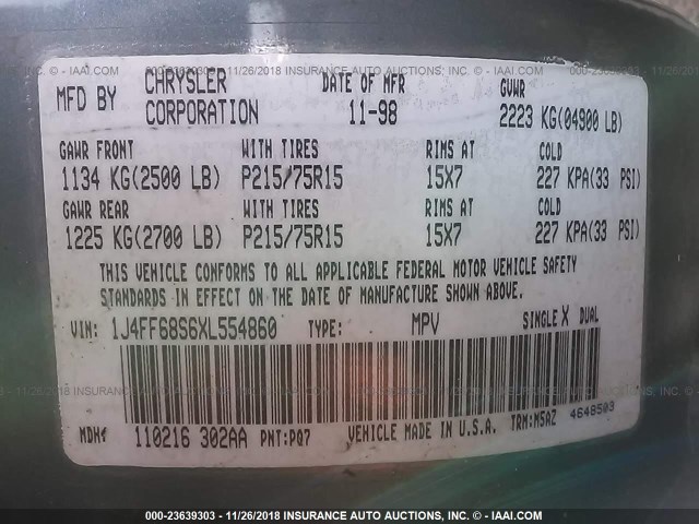 1J4FF68S6XL554860 - 1999 JEEP CHEROKEE SPORT/CLASSIC ლურჯი ფოტო 9