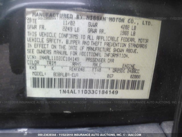 1N4AL11D33C184149 - 2003 NISSAN ALTIMA S/SL BLACK photo 9