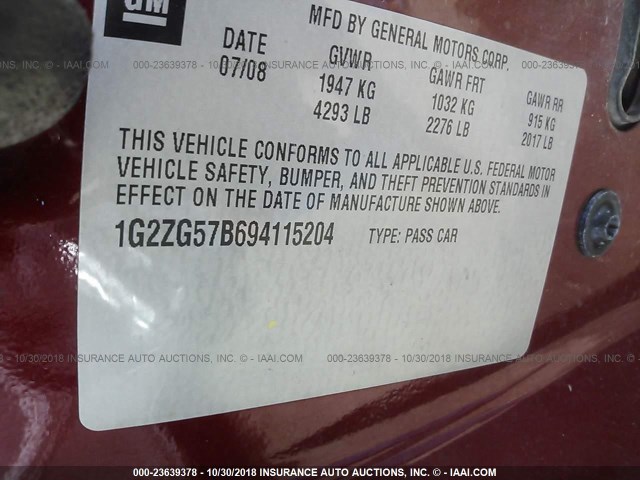 1G2ZG57B694115204 - 2009 PONTIAC G6 BURGUNDY photo 9