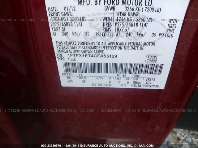 1FTFX1ET4CFA55129 - 2012 FORD F150 SUPER CAB RED photo 9