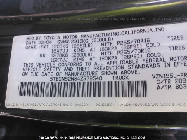 5TEGN92N84Z378540 - 2004 TOYOTA TACOMA DOUBLE CAB PRERUNNER BLACK photo 9