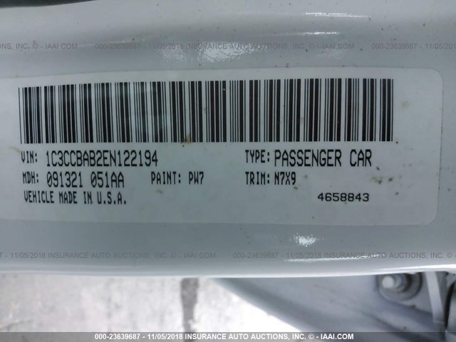 1C3CCBAB2EN122194 - 2014 CHRYSLER 200 LX WHITE photo 9