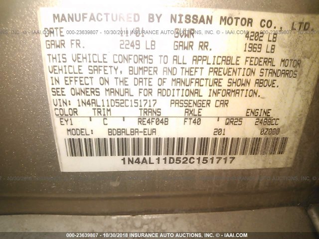 1N4AL11D52C151717 - 2002 NISSAN ALTIMA S/SL GOLD photo 9