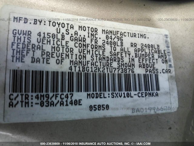 4T1BG12K2TU773876 - 1996 TOYOTA CAMRY DX/LE/XLE TAN photo 9