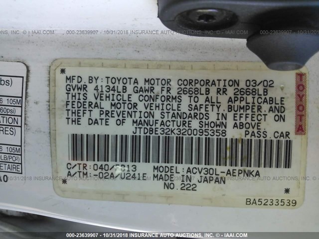 JTDBE32K320095358 - 2002 TOYOTA CAMRY LE/XLE/SE WHITE photo 9