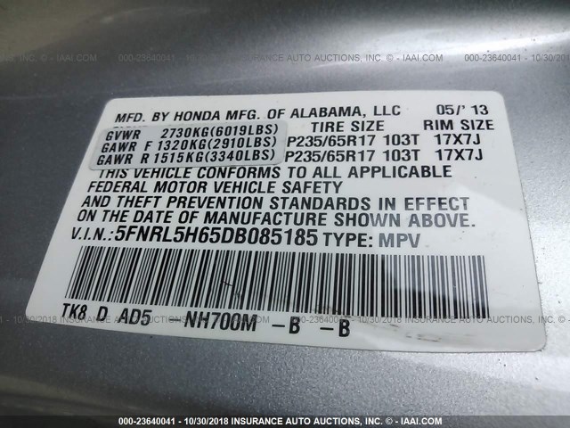 5FNRL5H65DB085185 - 2013 HONDA ODYSSEY EXL SILVER photo 9