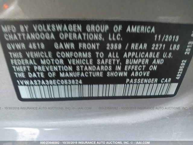 1VWAS7A38EC053824 - 2014 VOLKSWAGEN PASSAT S SILVER photo 9