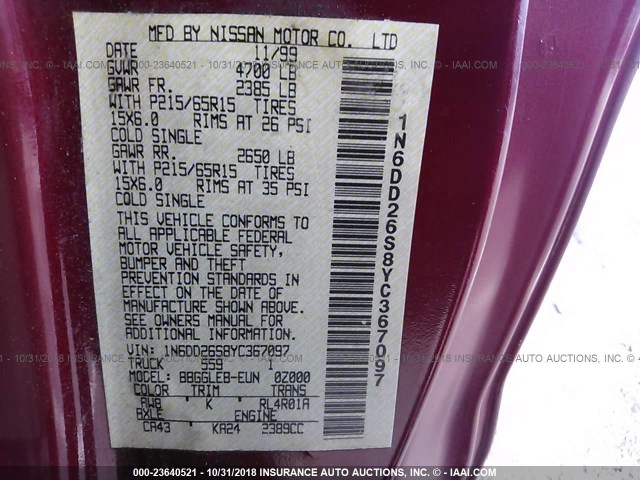 1N6DD26S8YC367097 - 2000 NISSAN FRONTIER KING CAB XE BURGUNDY photo 9