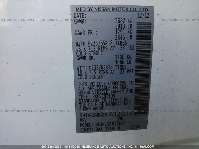 5N1AR2MM2DC632016 - 2013 NISSAN PATHFINDER S/SV/SL/PLATINUM WHITE photo 9