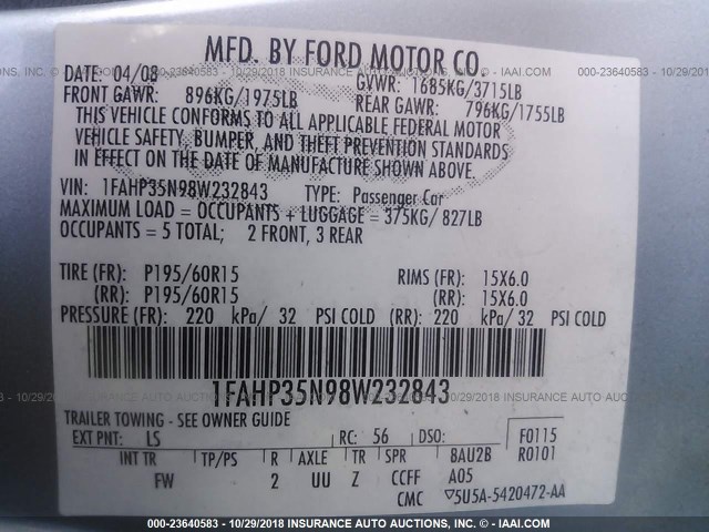 1FAHP35N98W232843 - 2008 FORD FOCUS SE/SEL/SES BLUE photo 9