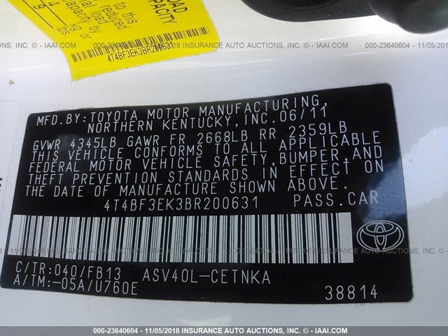 4T4BF3EK3BR200631 - 2011 TOYOTA CAMRY SE/LE/XLE WHITE photo 9