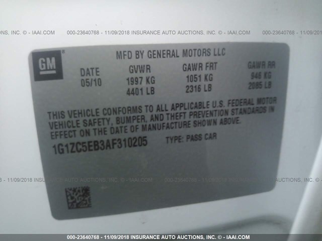 1G1ZC5EB3AF310205 - 2010 CHEVROLET MALIBU 1LT 白色 照片 9