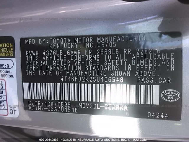 4T1BF32K25U106548 - 2005 TOYOTA CAMRY LE/XLE/SE SILVER photo 9