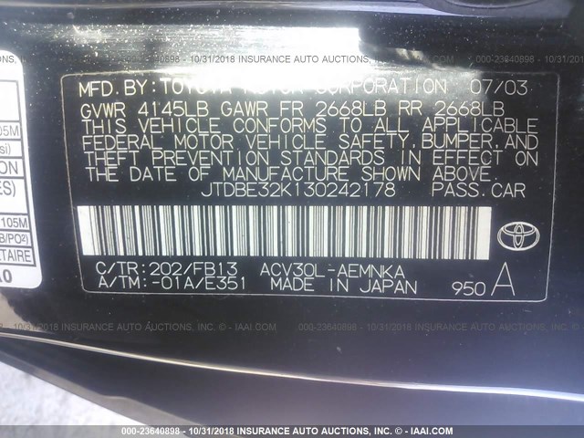 JTDBE32K130242178 - 2003 TOYOTA CAMRY LE/XLE 黑色 照片 9