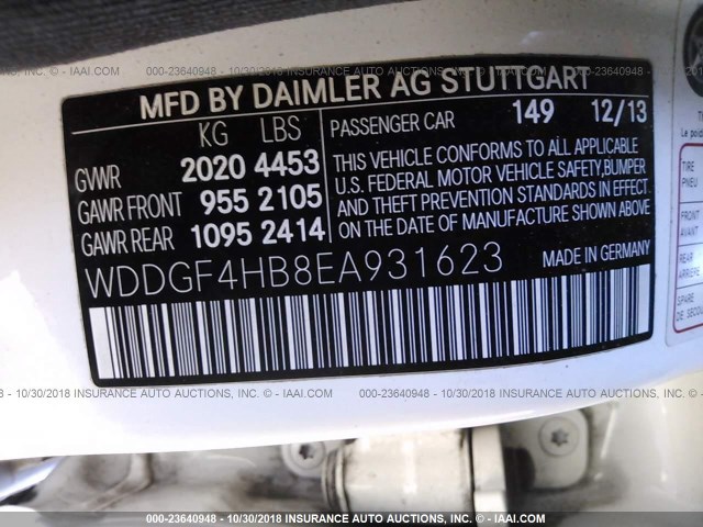 WDDGF4HB8EA931623 - 2014 MERCEDES-BENZ C 250 WHITE photo 9