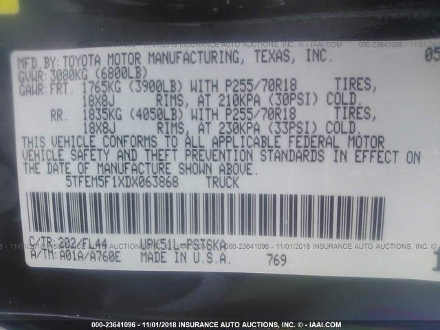 5TFEM5F1XDX063868 - 2013 TOYOTA TUNDRA CREWMAX SR5 BLACK photo 9