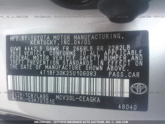 4T1BF30K25U106083 - 2005 TOYOTA CAMRY LE/XLE/SE SILVER photo 9