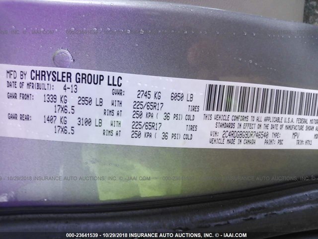 2C4RDGBG9DR746540 - 2013 DODGE GRAND CARAVAN SE SILVER photo 9