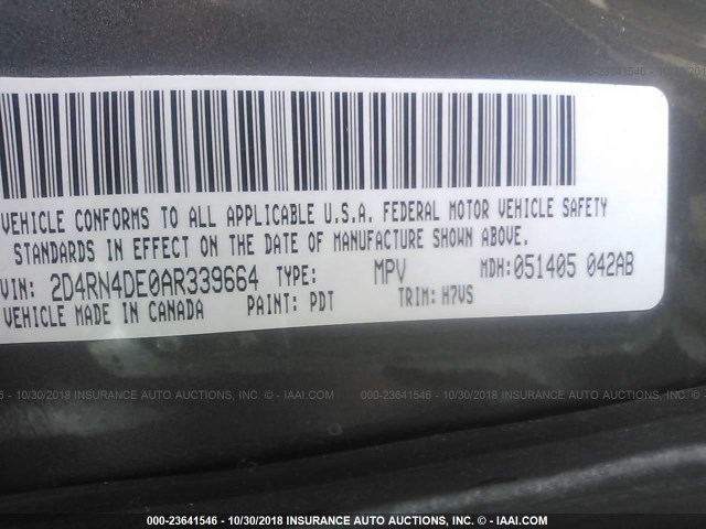 2D4RN4DE0AR339664 - 2010 DODGE GRAND CARAVAN SE GRAY photo 9