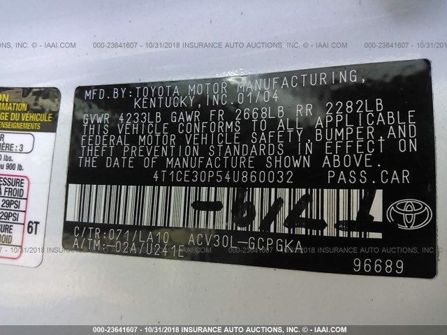 4T1CE30P54U860032 - 2004 TOYOTA CAMRY SOLARA SE/SLE Ağ foto 9